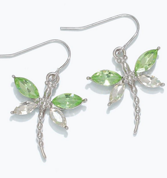 Silver With Green & Clear Dragonfly Earrings