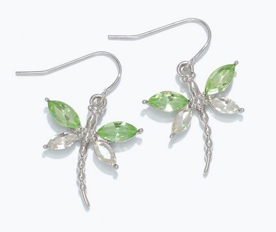 Silver With Green & Clear Dragonfly Earrings