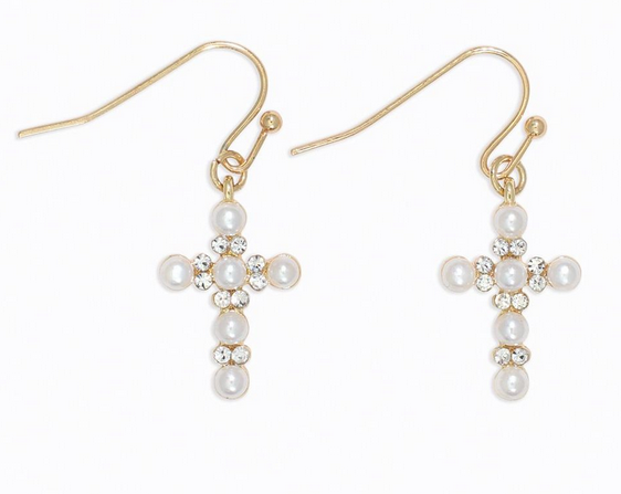Pearl & Crystal Cross Earrings