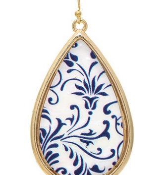Gold White Mother of Pearl Blue Floral Earrings