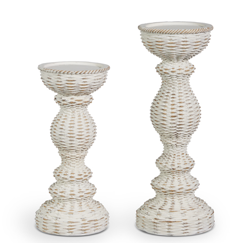 Set of 2 Wickerweave White Candle Holder