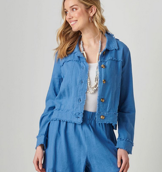 Charlie Paige Fringe Linen Woven Button Jacket By: Charlie Paige