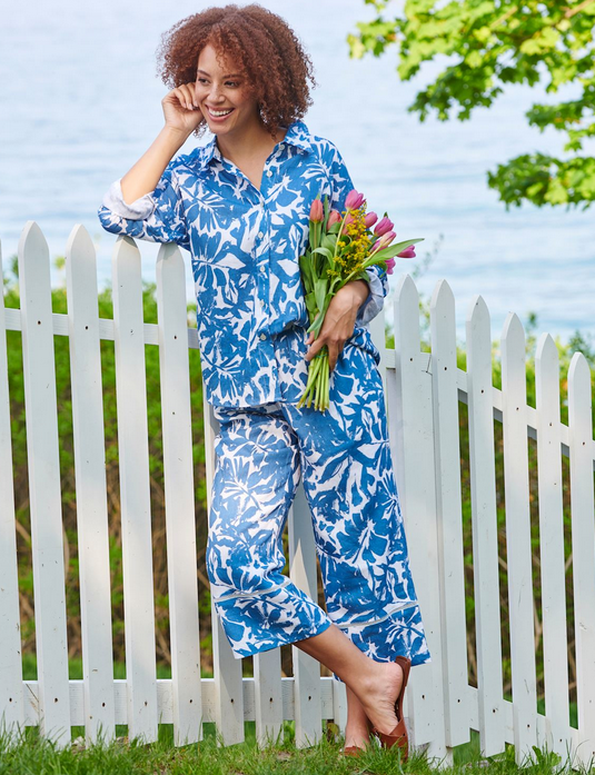 Charlie Paige Blue & White Linen Woven Printed Pant By: Charlie Paige