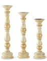 Set of 3 Gold Spindle Whitewashed Wooden Candlesticks