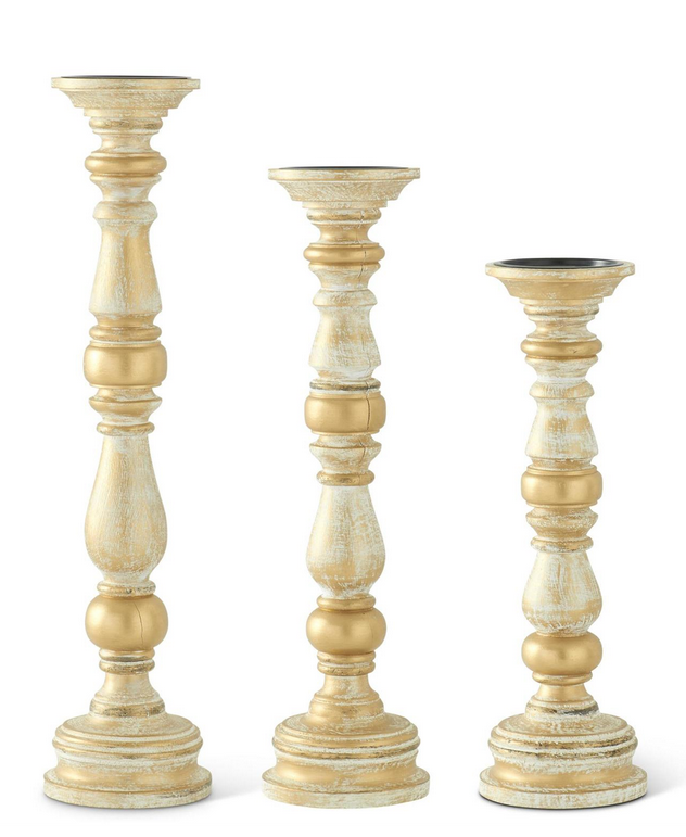 Set of 3 Gold Spindle Whitewashed Wooden Candlesticks