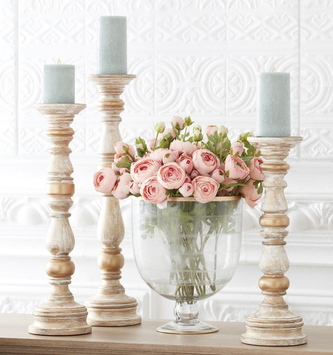 Set of 3 Gold Spindle Whitewashed Wooden Candlesticks