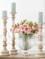 Set of 3 Gold Spindle Whitewashed Wooden Candlesticks