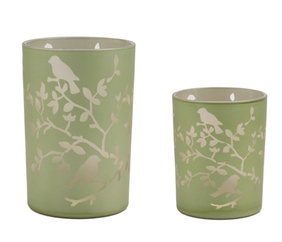 Glass Green Bird on Branch Candle Holder