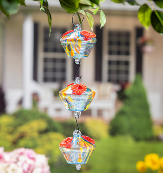 Set of 3 Art Glass Hanging Hummingbird Feeders