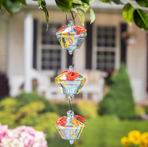 Set of 3 Art Glass Hanging Hummingbird Feeders