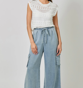 Denim Wide Leg Cargo Pant By: Mystree (3-Sizes)