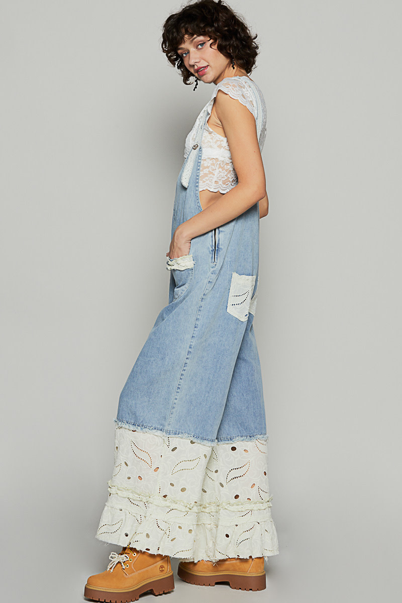 POL Clothing Inc Denim Floral Lace Overall By: POL