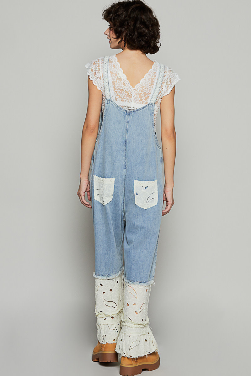 POL Clothing Inc Denim Floral Lace Overall By: POL