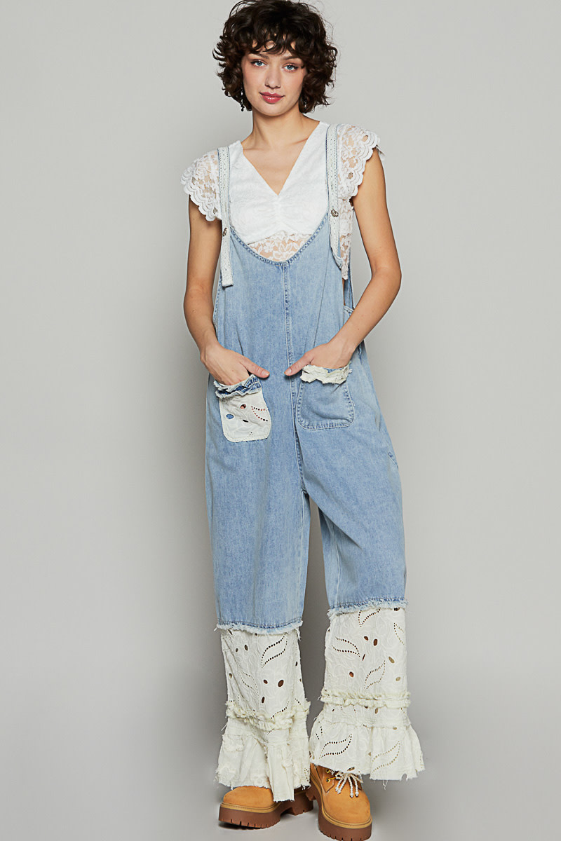 POL Clothing Inc Denim Floral Lace Overall By: POL