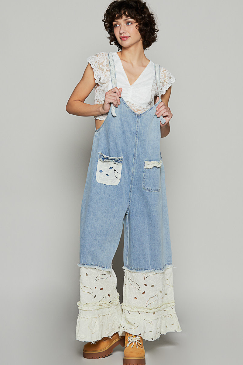 POL Clothing Inc Denim Floral Lace Overall By: POL