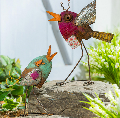 Set of 2 Rustic Whimsical Metal Birds