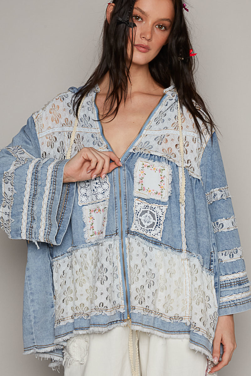 POL Clothing Inc Denim Lace Zippered Jacket w/ Hood By: POL