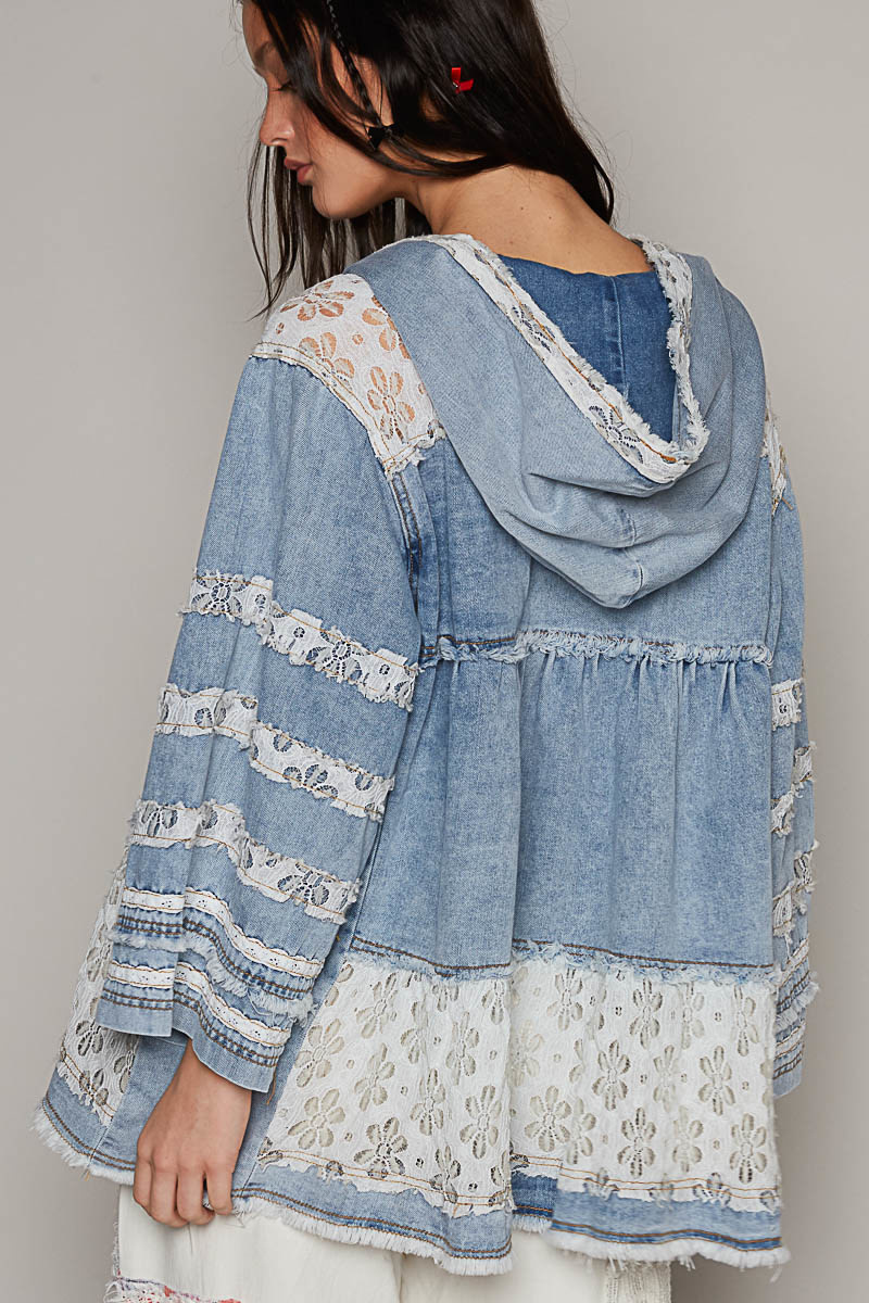 POL Clothing Inc Denim Lace Zippered Jacket w/ Hood By: POL