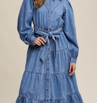 Listicle Denim Snap Button Tiered Maxi Dress By: Listicle