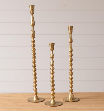 Set of 3 Gold Beaded Taper Candlesticks