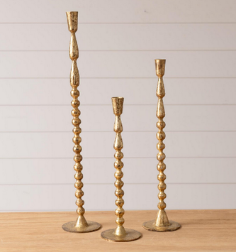 Set of 3 Gold Beaded Taper Candlesticks
