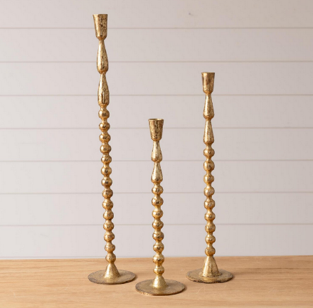 Set of 3 Gold Beaded Taper Candlesticks