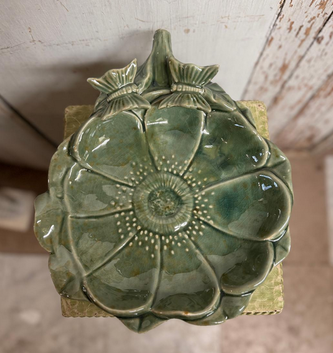 Green Ceramic Floral Butterfly Bird Feeder