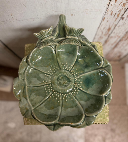 Green Ceramic Floral Butterfly Bird Feeder