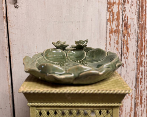 Green Ceramic Floral Butterfly Bird Feeder