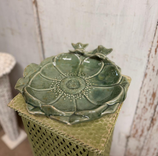 Green Ceramic Floral Butterfly Bird Feeder
