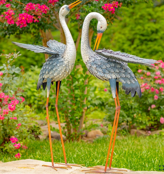Set of 2 Metal Blue & White Egrets
