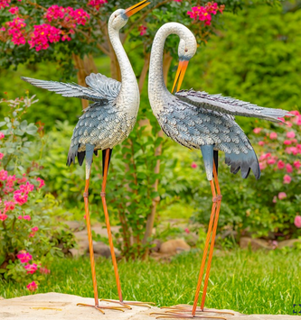 Set of 2 Metal Blue & White Egrets
