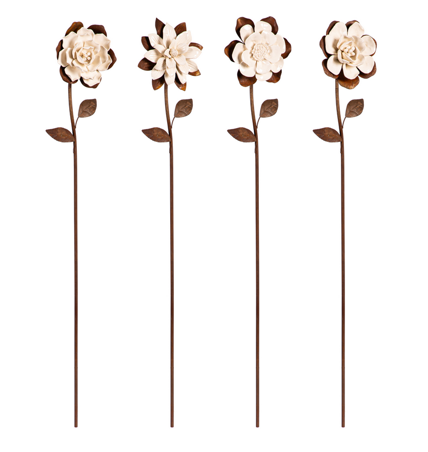 Antiqued Porcelain Flower Metal Garden Stake (4-Styles)
