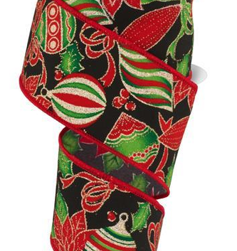 1.5'' x 10 YD Poinsettia & Ornament Ribbon