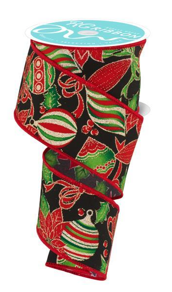 1.5'' x 10 YD Poinsettia & Ornament Ribbon