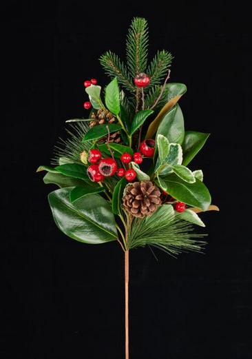 28" Magnolia Pine Holly Berry Spray