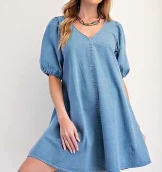 Easel Puff Sleeve Washed Denim Dress By: Easel