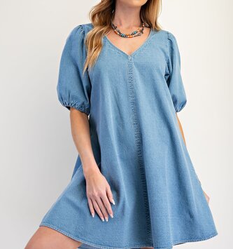 Easel Puff Sleeve Washed Denim Dress By: Easel
