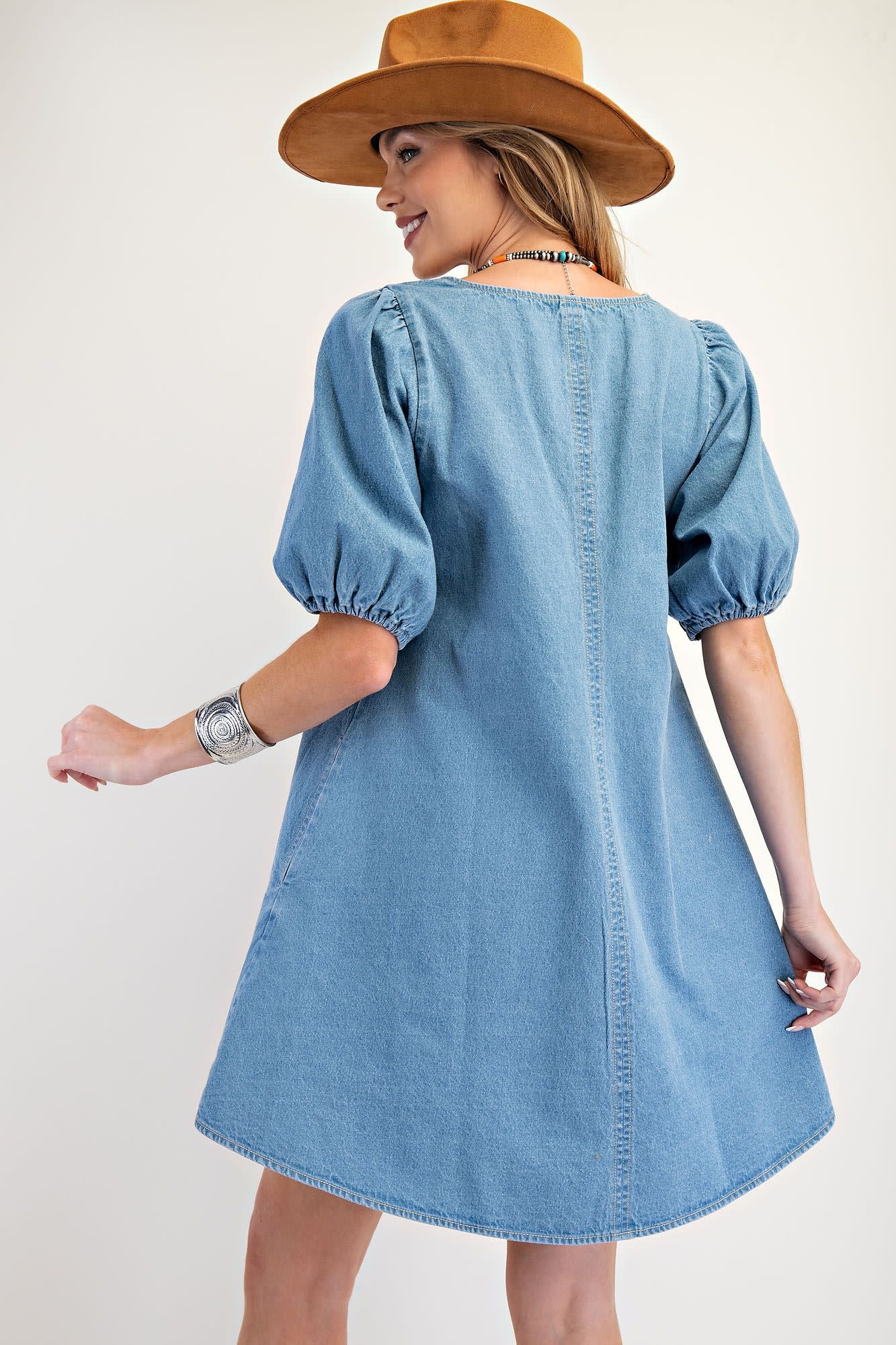 Easel Puff Sleeve Washed Denim Dress By: Easel