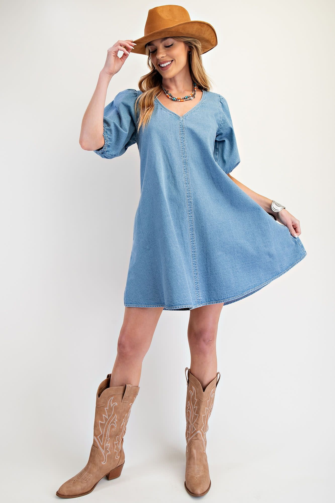 Easel Puff Sleeve Washed Denim Dress By: Easel
