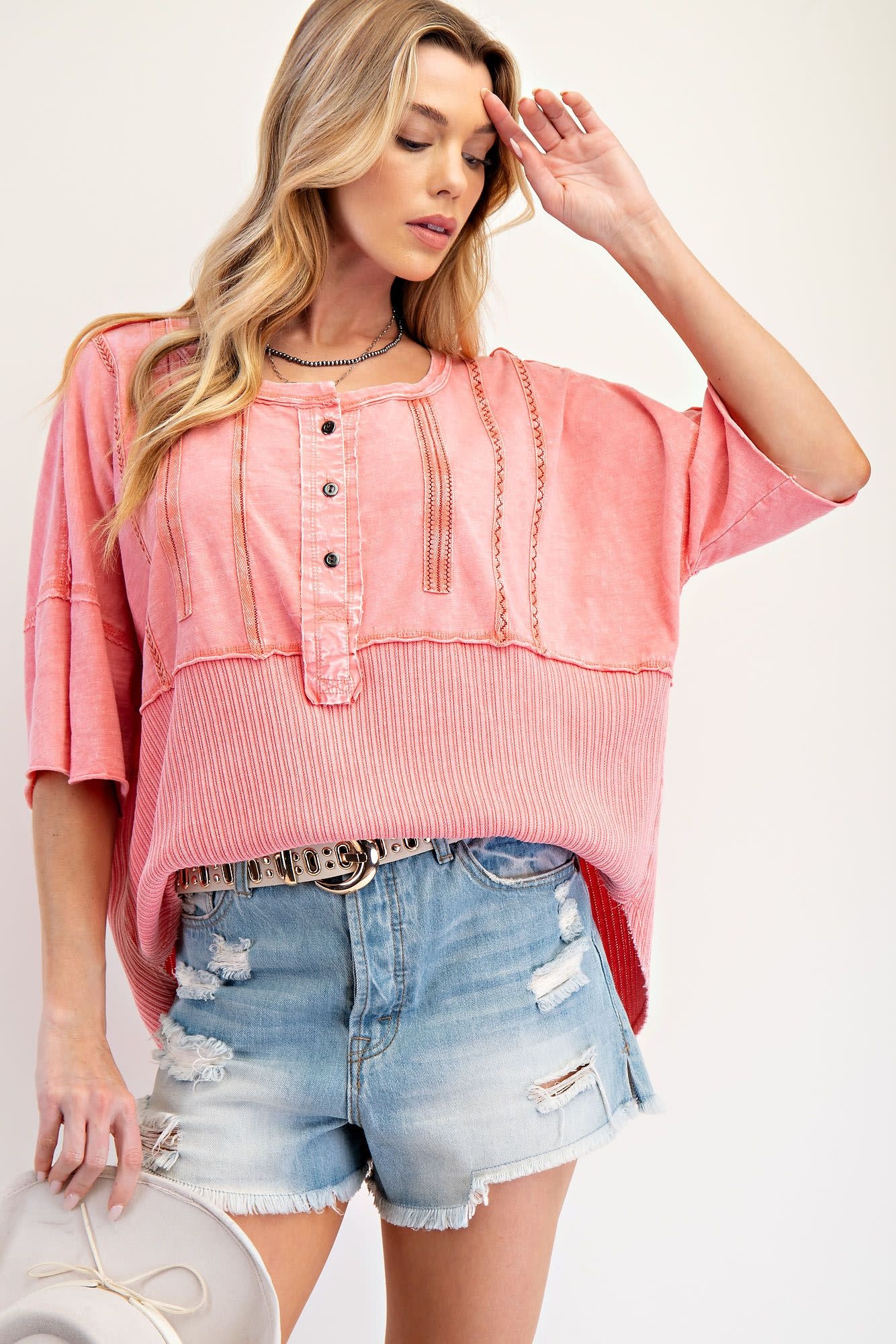 Easel Coral Mineral Washed Top By: Easel