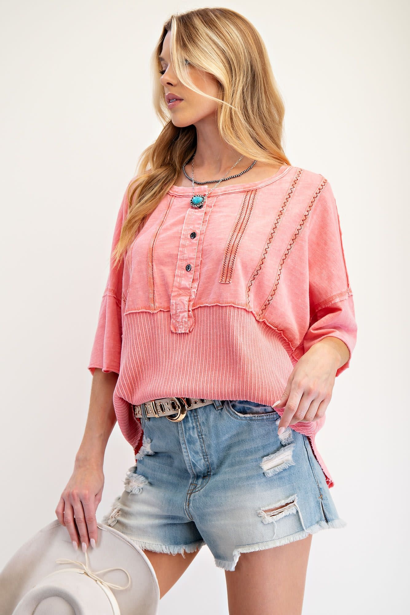 Easel Coral Mineral Washed Top By: Easel