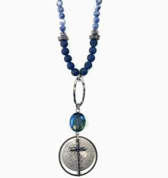 Blue Beaded Cross Pendant Necklace