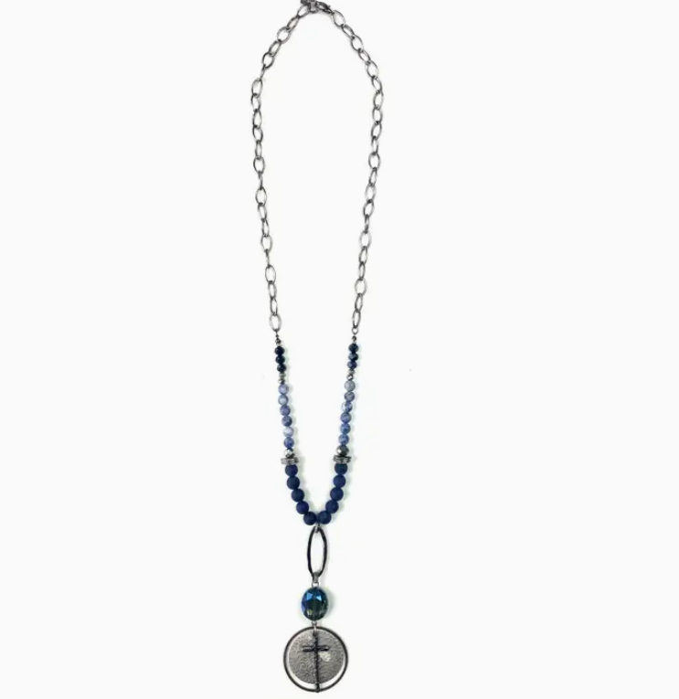 Blue Beaded Cross Pendant Necklace