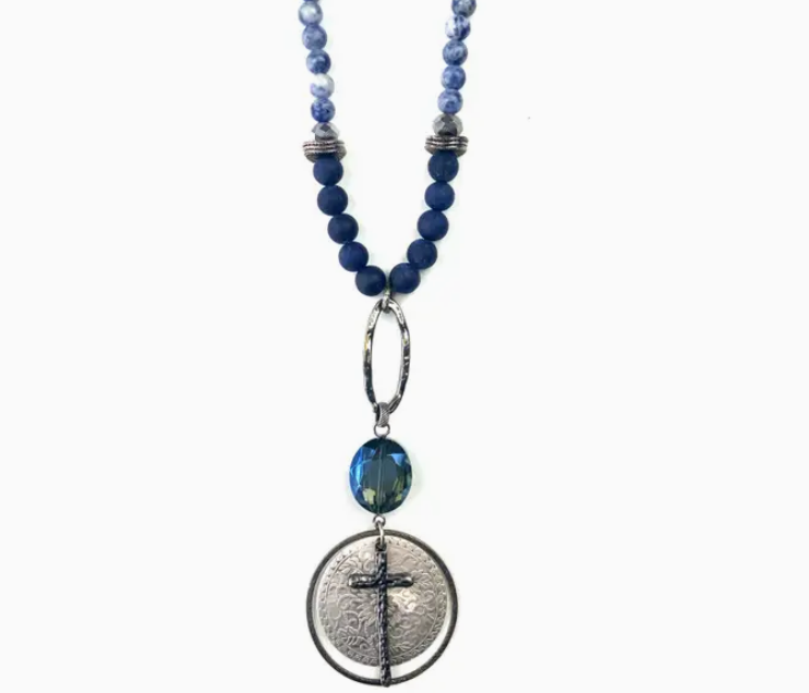 Blue Beaded Cross Pendant Necklace