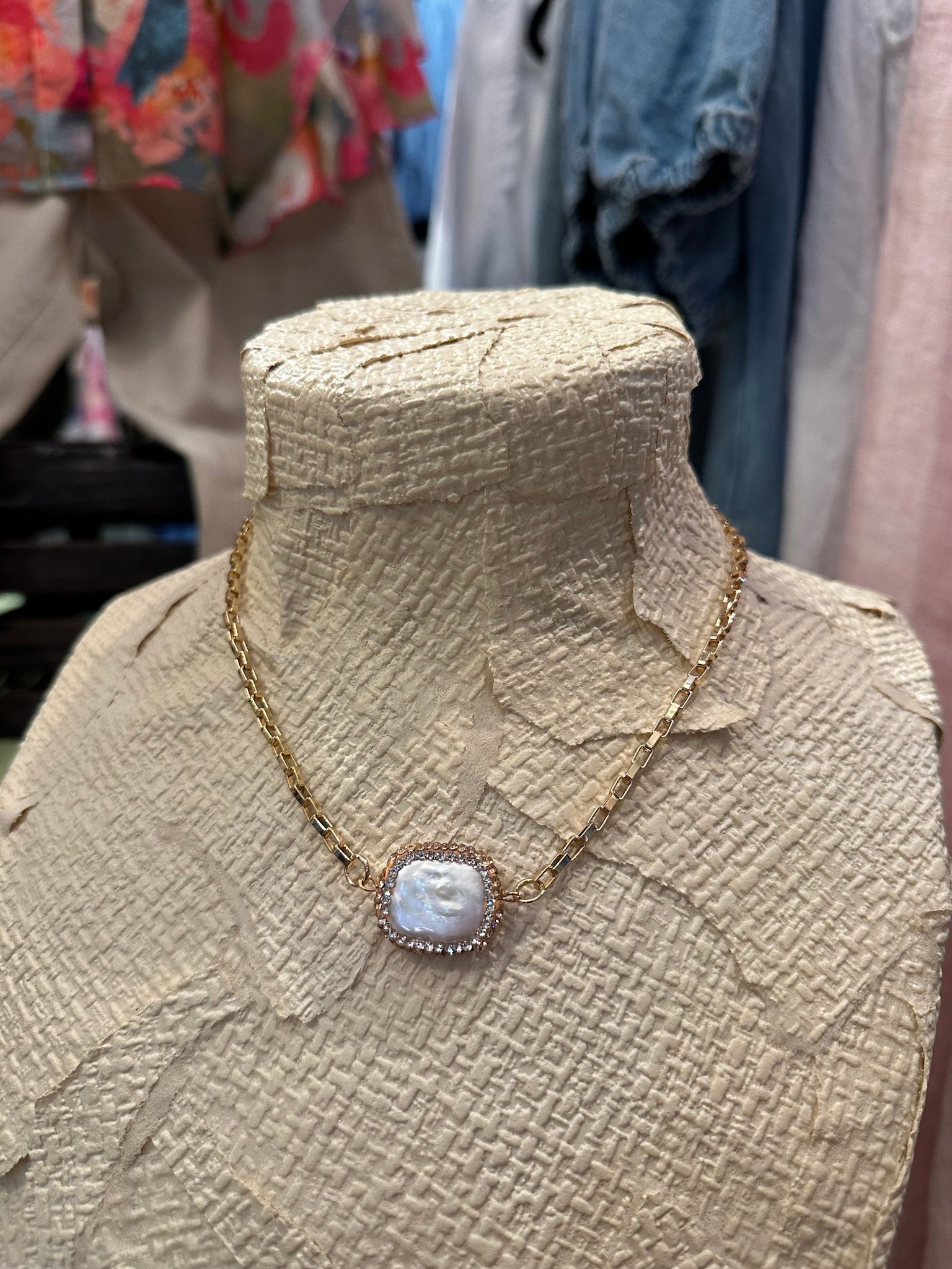 Gold Box Chain Fresh Water Pearl Necklace