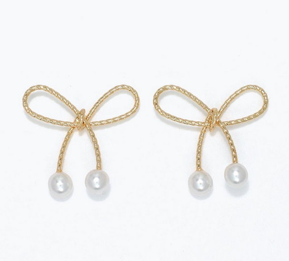 Gold Rope Bow & Pearls Earrings