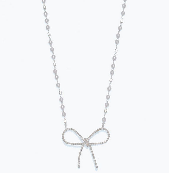 Silver Rope Bow w/ Pearls Necklace
