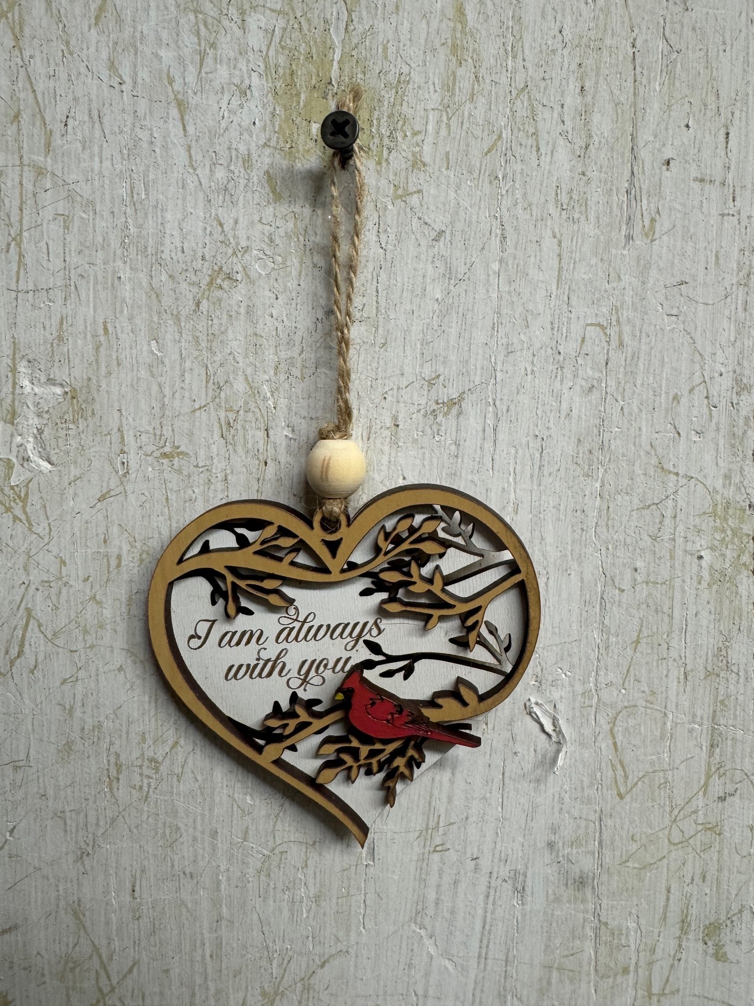 Wooden I am Always with You Cardinal Heart Ornament