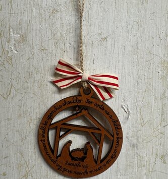 Wooden Isaiah A Child Is Born Manger Ornament